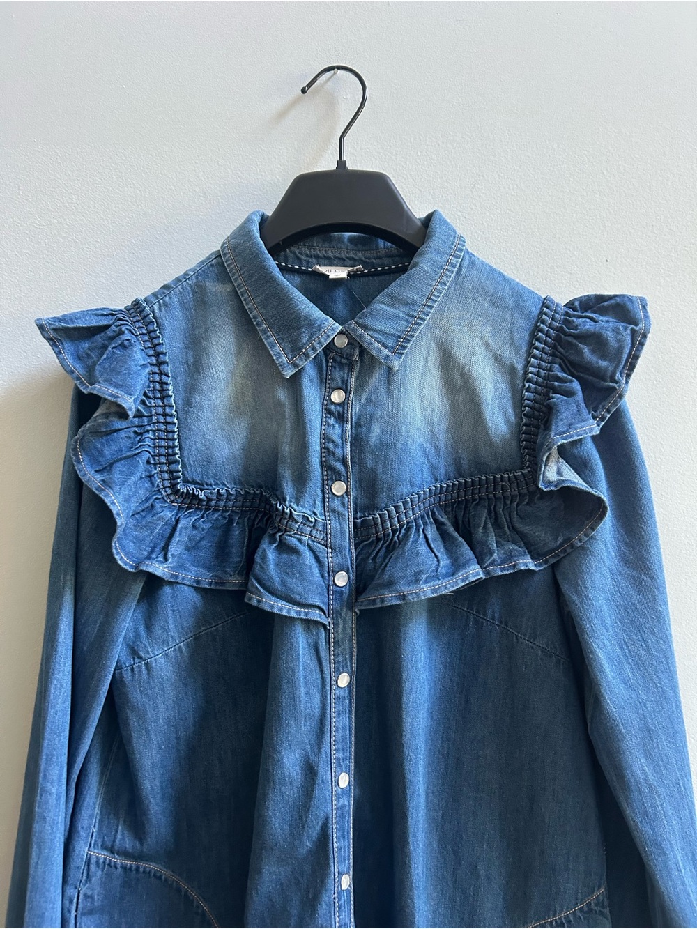 NWT Anthropologie Pilcro Size Large Blue Ruffle Denim Mini Shirt Dress - Picture 6 of 16
